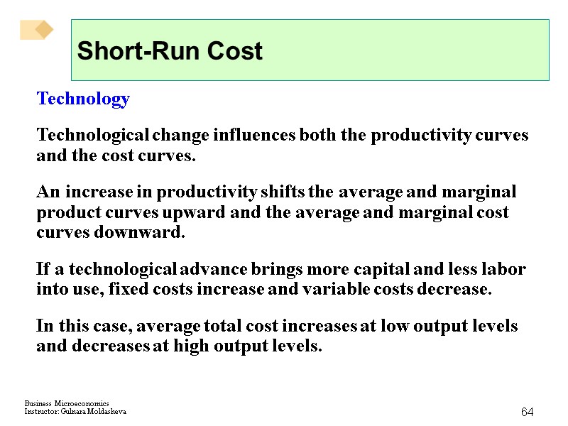 64 Short-Run Cost Technology Technological change influences both the productivity curves and the cost